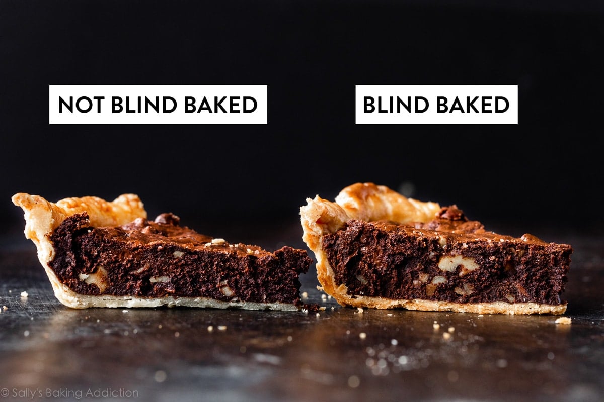 2 slices of brownie pie shown in different baked crusts