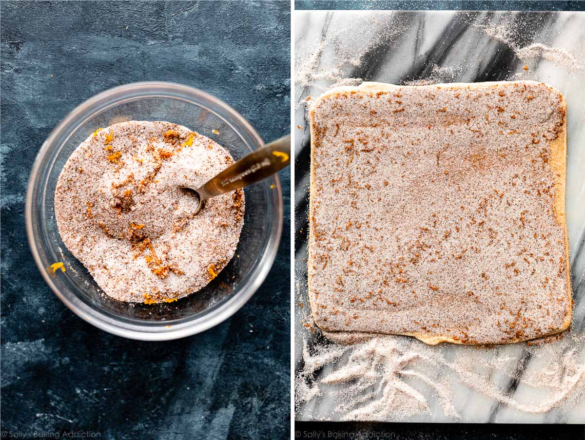 cinnamon spice sugar in bowl and patted on top square of dough