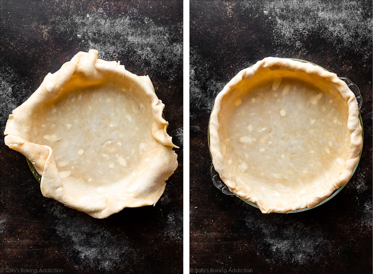 fitting pie dough into pie dish