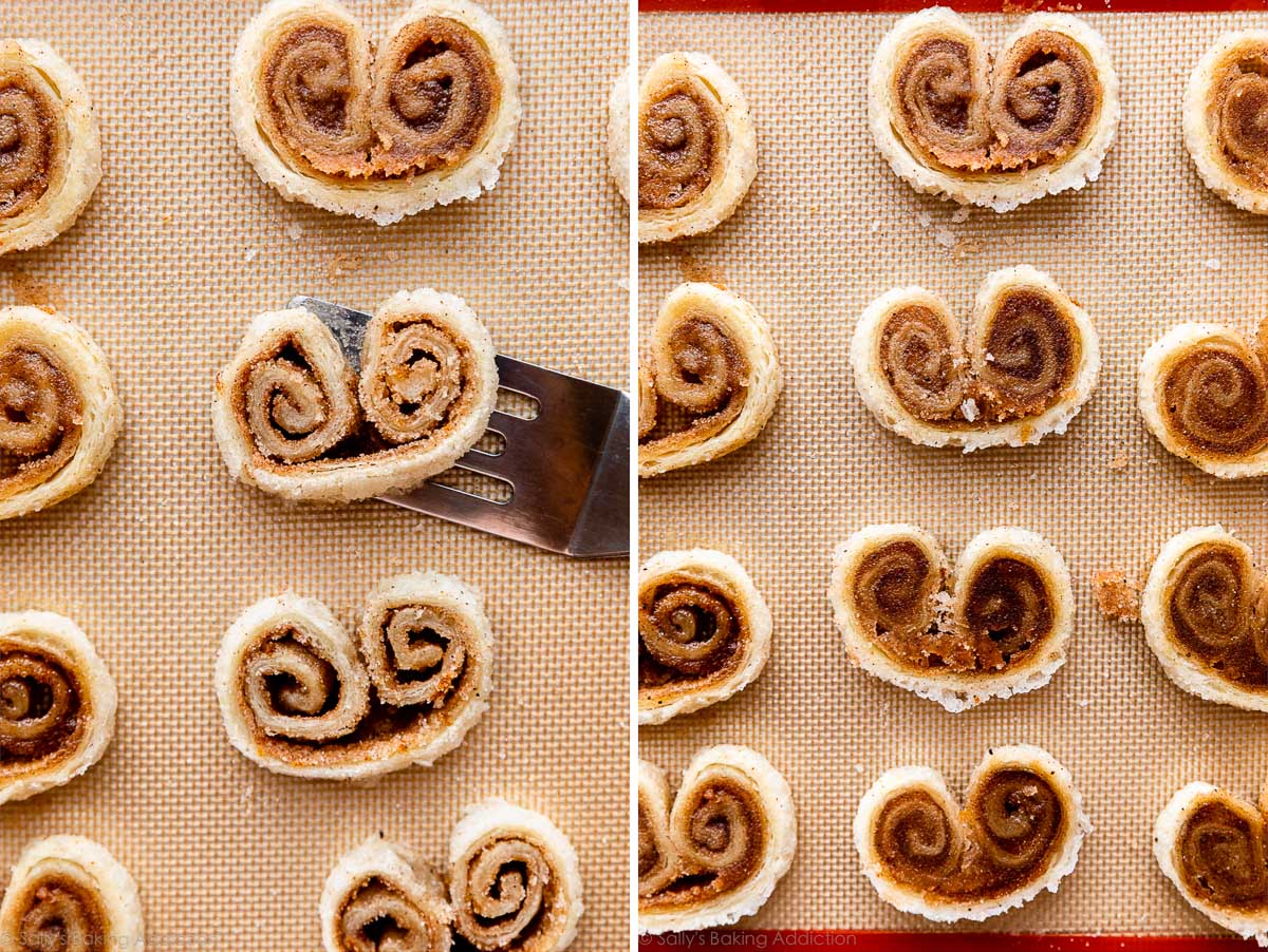 cinnamon sugar palmiers being flipped over halfway through baking