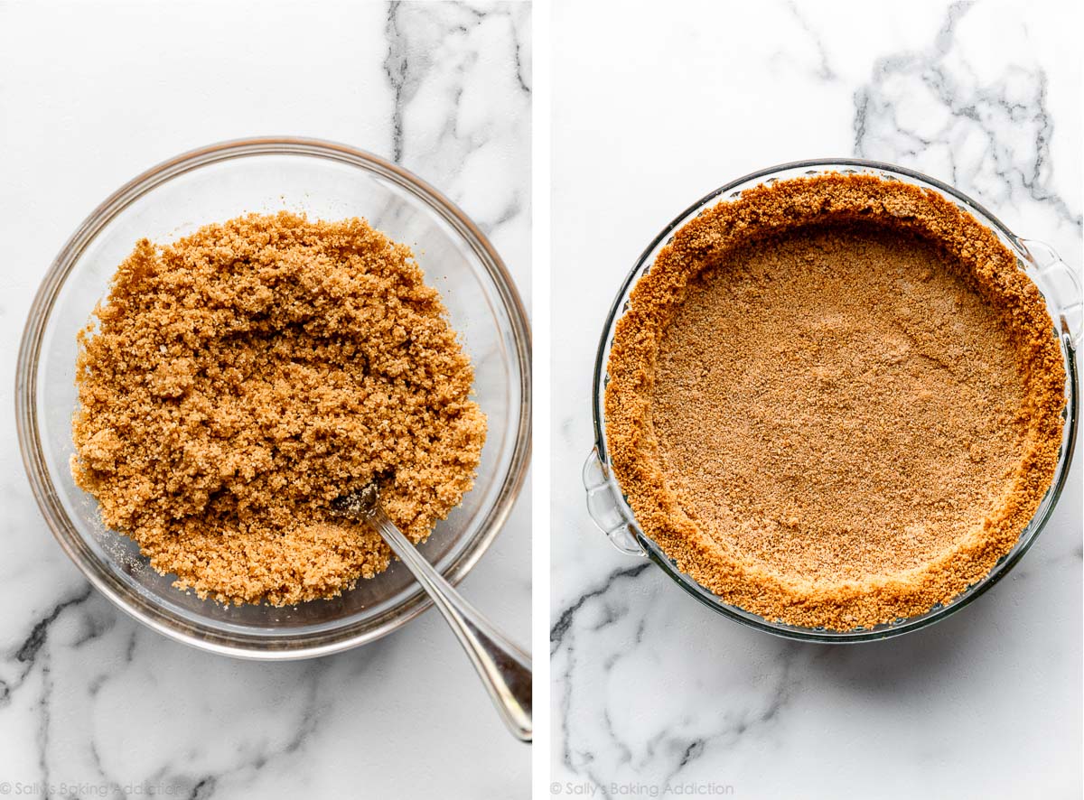graham cracker crust ingredients in bowl and baked in pie dish