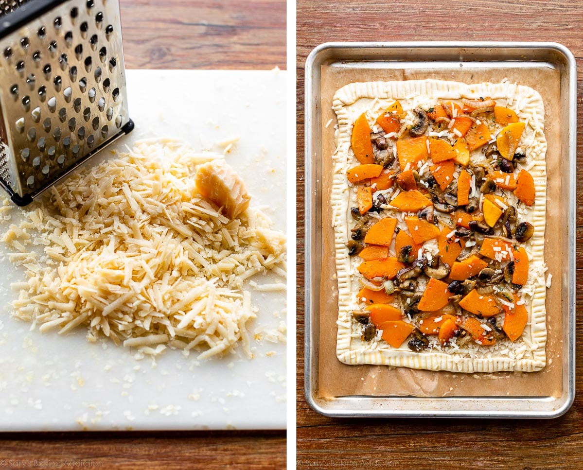 freshly grated parmesan cheese and assembled butternut squash tart before baking