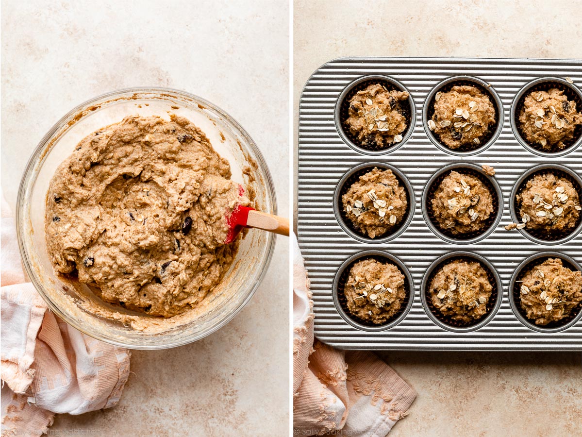 applesauce muffin batter in glass bowl and in muffin pan