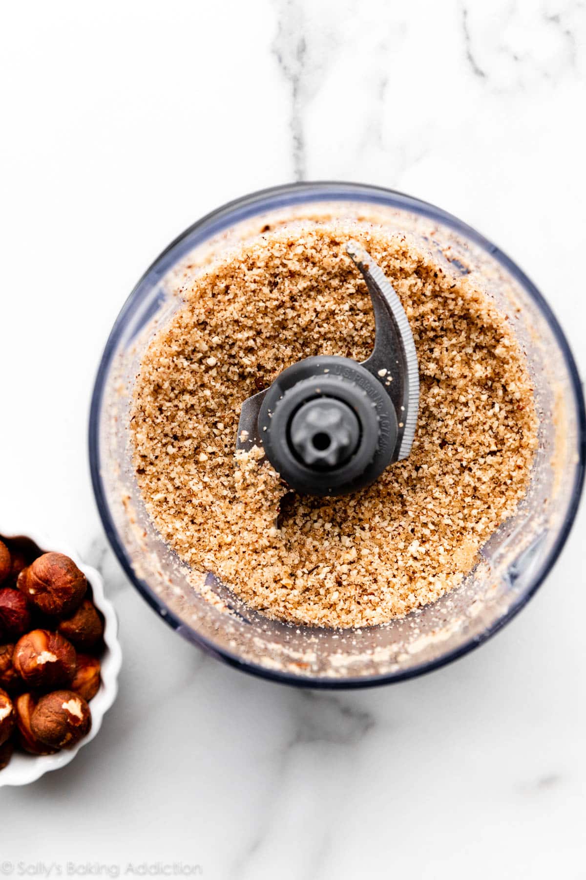 pulsed hazelnut and brown sugar in food processor