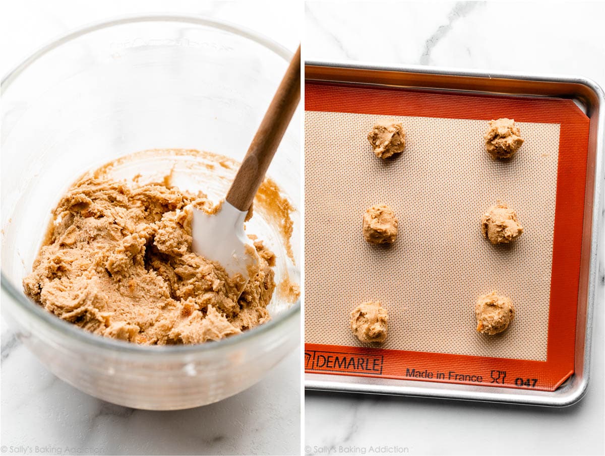 peanut butter cookie dough with peanuts in bowl and dropped on lined baking sheet
