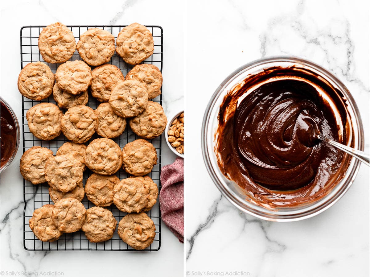 plain peanut butter cookies pictured with a bowl of the melted chocolate topping