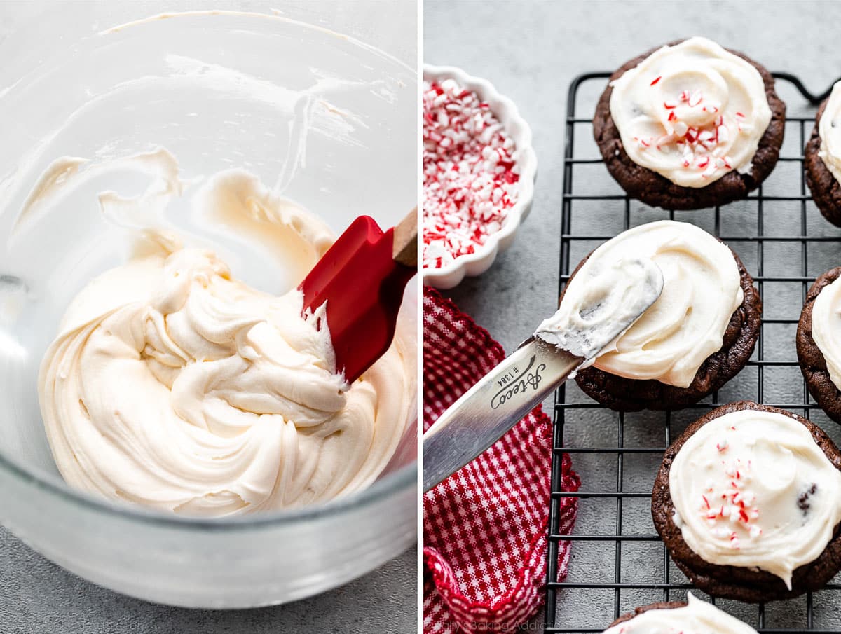 peppermint frosting in bowl and spread on chocolate cookies