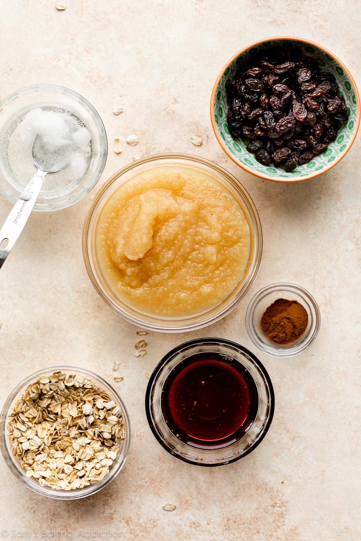 applesauce and other muffin ingredients shown in bowls