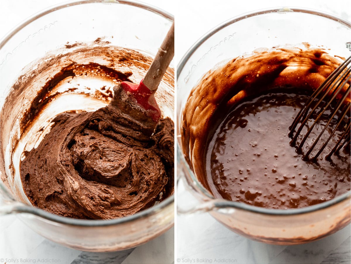 chocolate cake batter before and after adding hot water to the batter