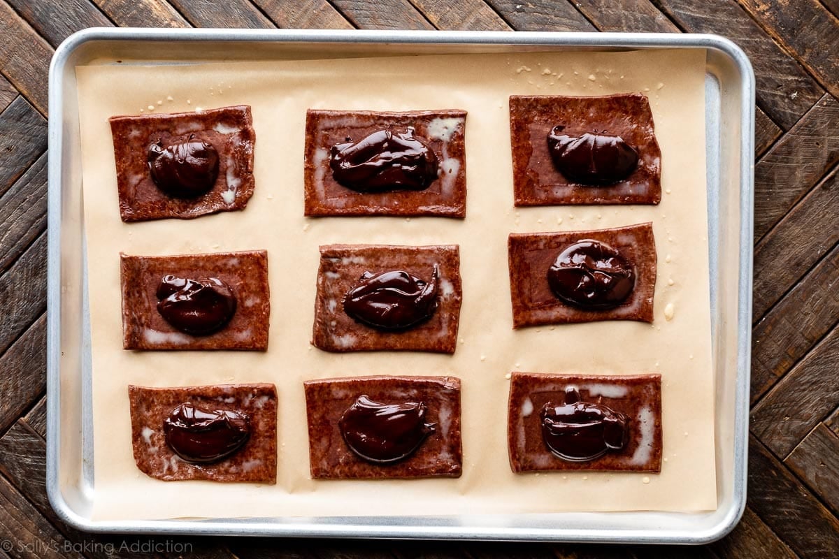 chocolate dough rectangles with fudge filling on top