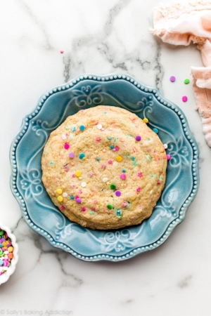 giant sugar cookie on blue plate