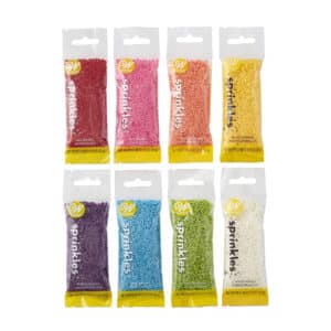 set of 8 packages of sprinkles in rainbow colors.