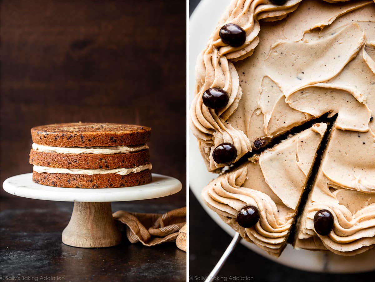 3 layered espresso chocolate chip cake on cake stand and pictured from the top with piped buttercream