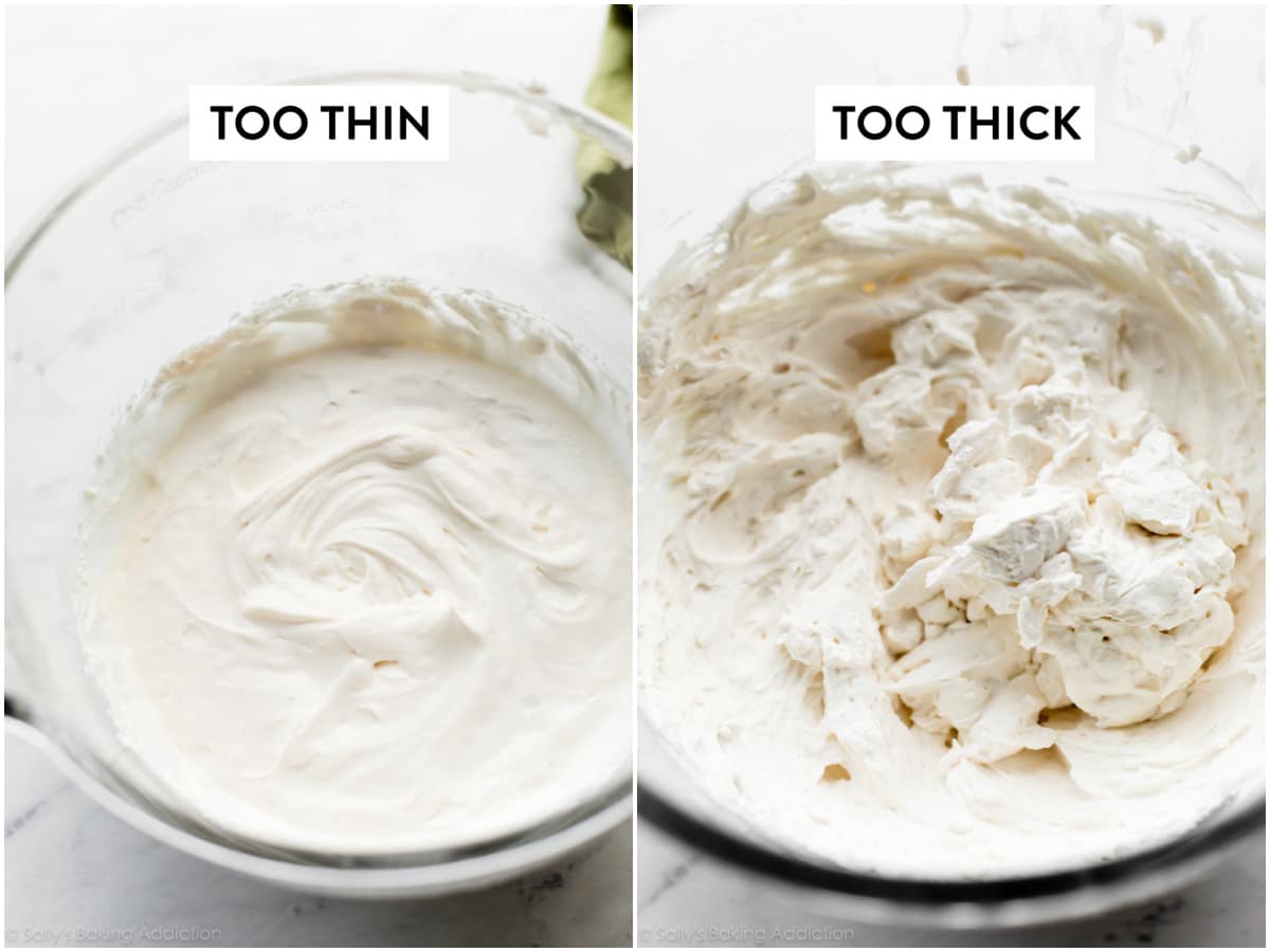 collage photo showing the consistency of under-whipped and over-whipped whipped frosting