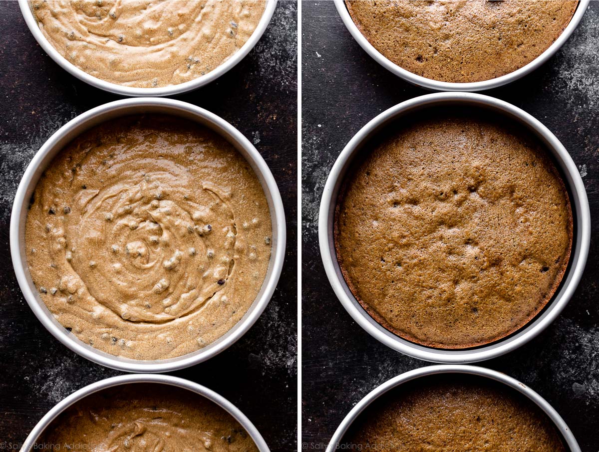 espresso chocolate chip cake layers before and after baking