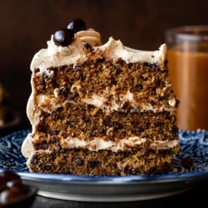 espresso chocolate chip layer cake on blue plate