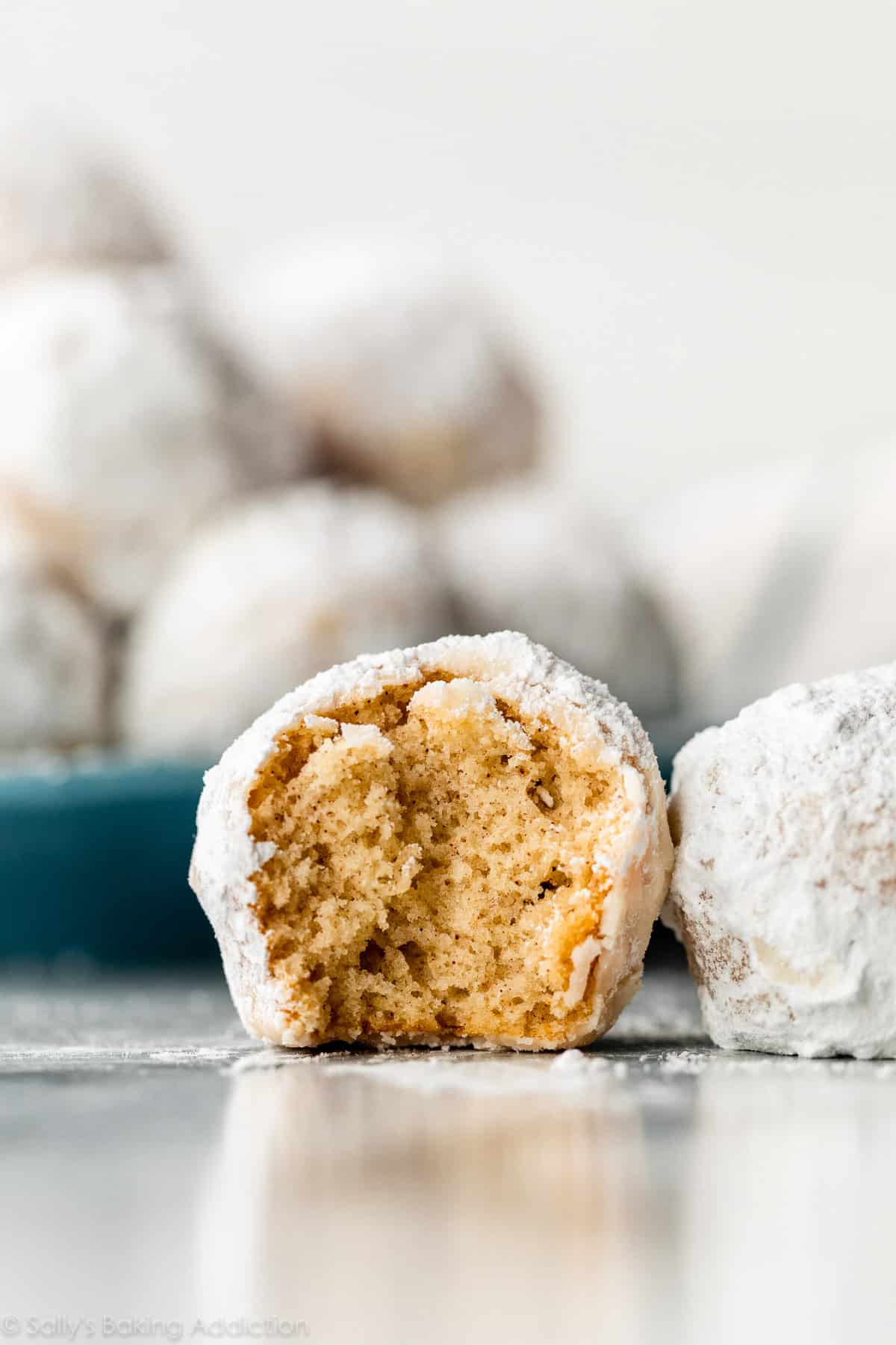 close-up of the center of a mini powdered sugar donut muffin