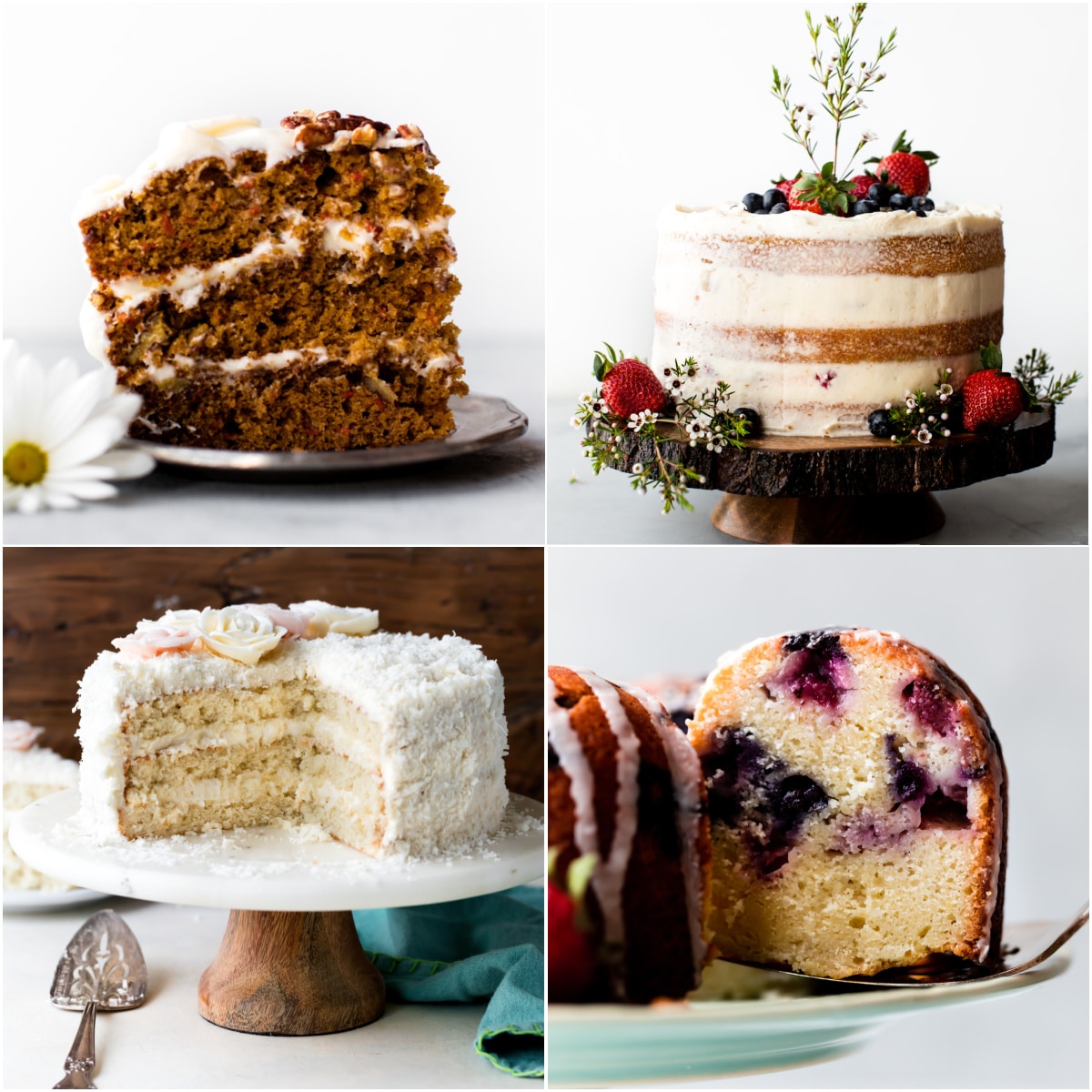 Collage of four spring cake recipes including carrot cake, coconut cake, and lemon blueberry yogurt cake