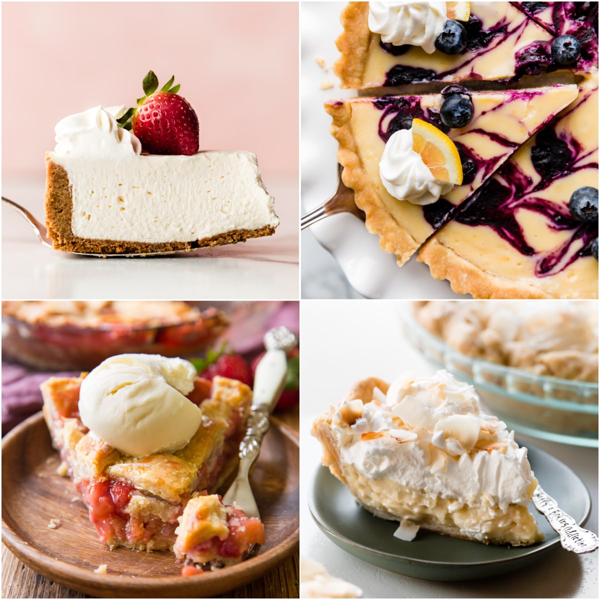Collage of four spring pie recipes including coconut cream pie and lemon blueberry tart