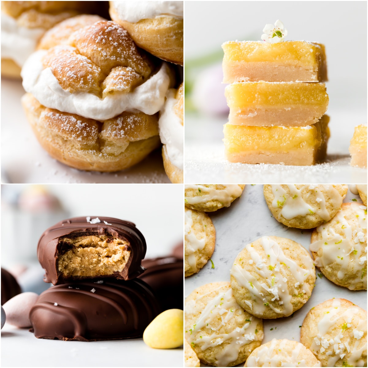 collage photo of 4 spring dessert recipes including lemon bars, peanut butter Easter egg candies, and coconut lime cookies