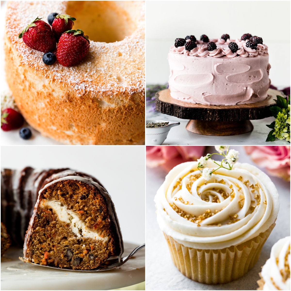 collage photo of 4 spring dessert recipes including angel food cake, lavender cake, and wedding cupcakes