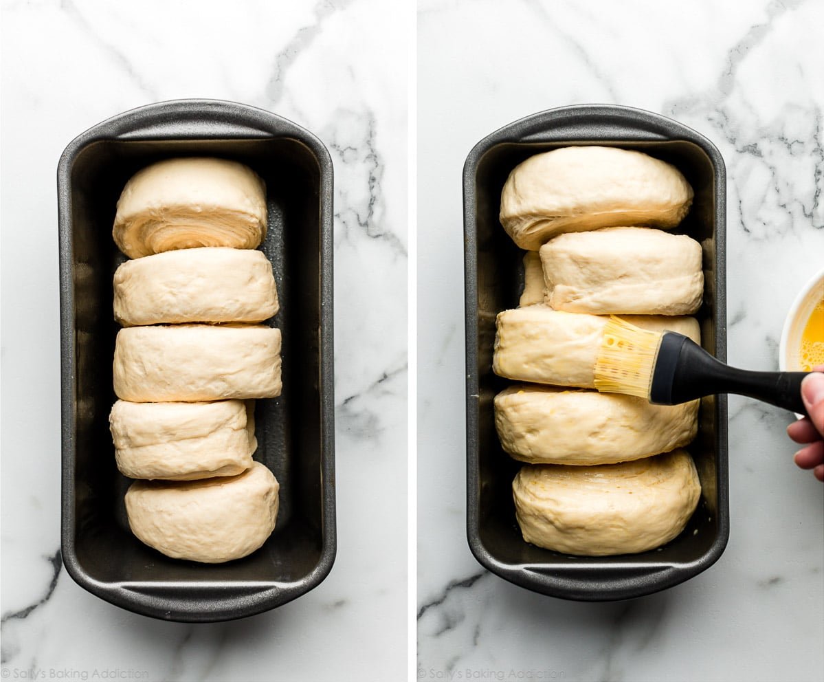 rolled and sliced dough in loaf pan pictured before and after rising