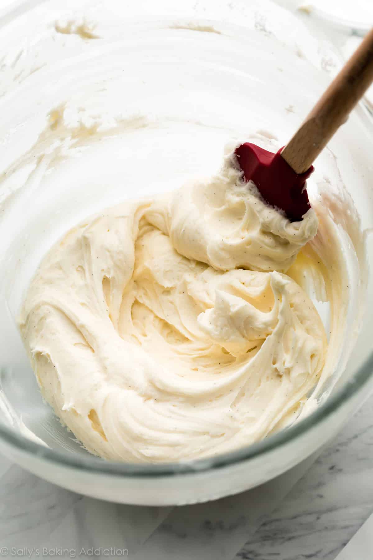 vanilla bean buttercream in mixing bowl