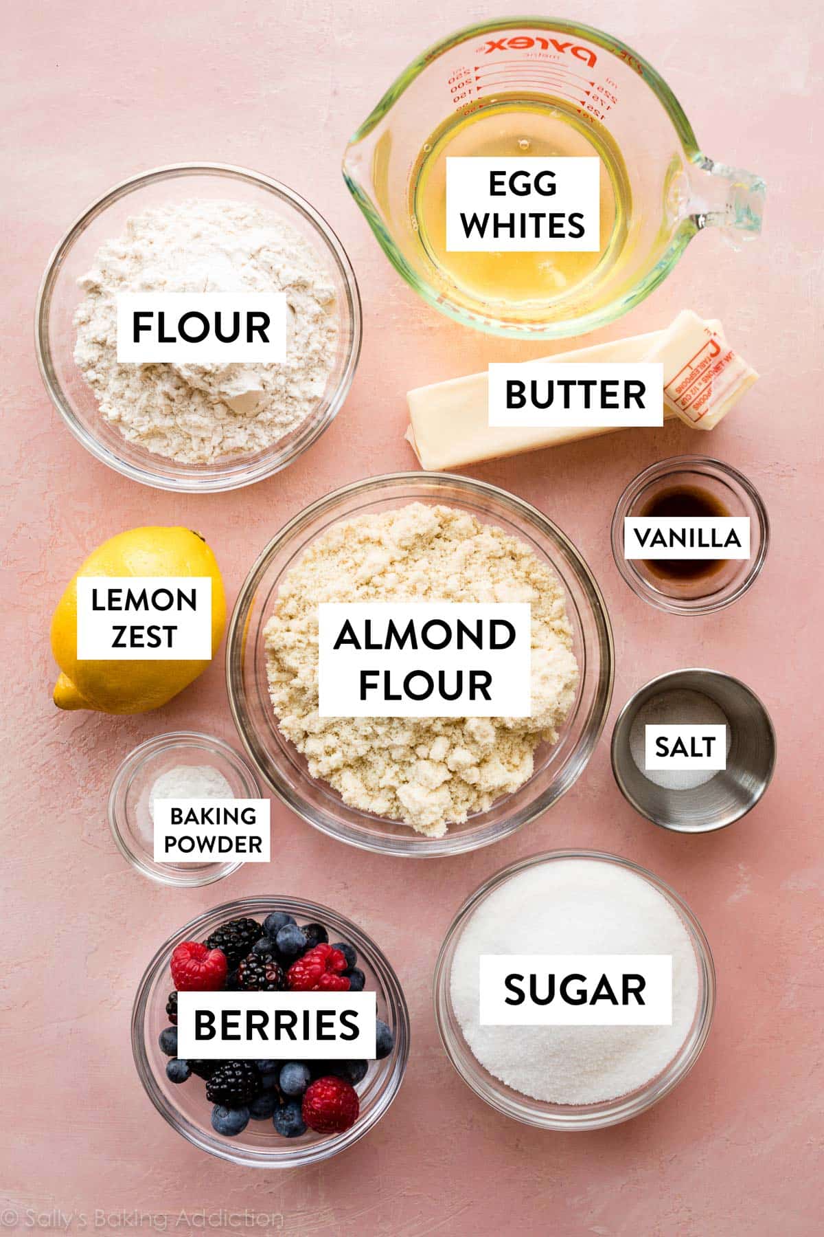 almond flour, egg whites, flour, vanilla extract, butter, and other ingredients required for this recipe