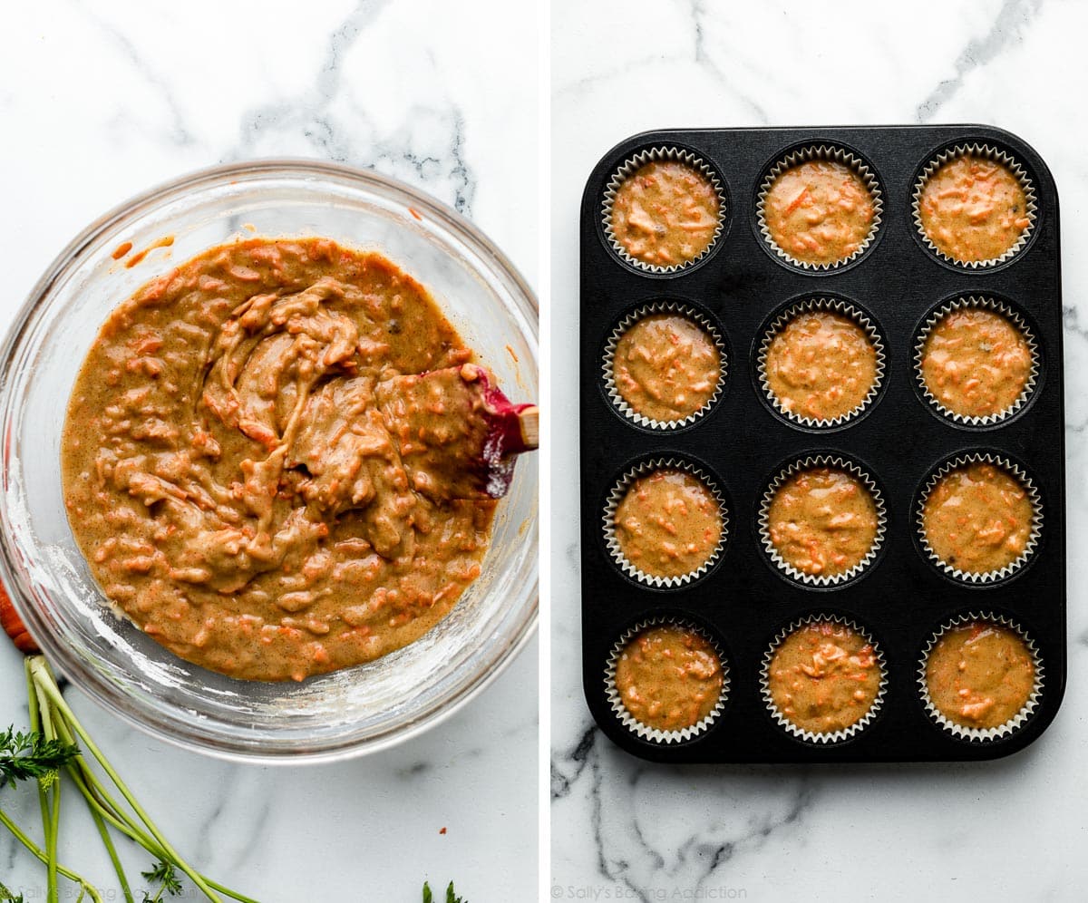 carrot batter in glass bowl and divided in muffin pan