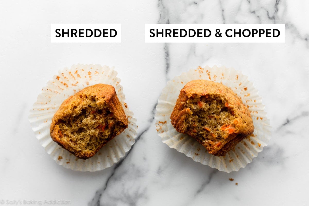 two carrot cake cupcakes showing different amounts of shredded carrots inside