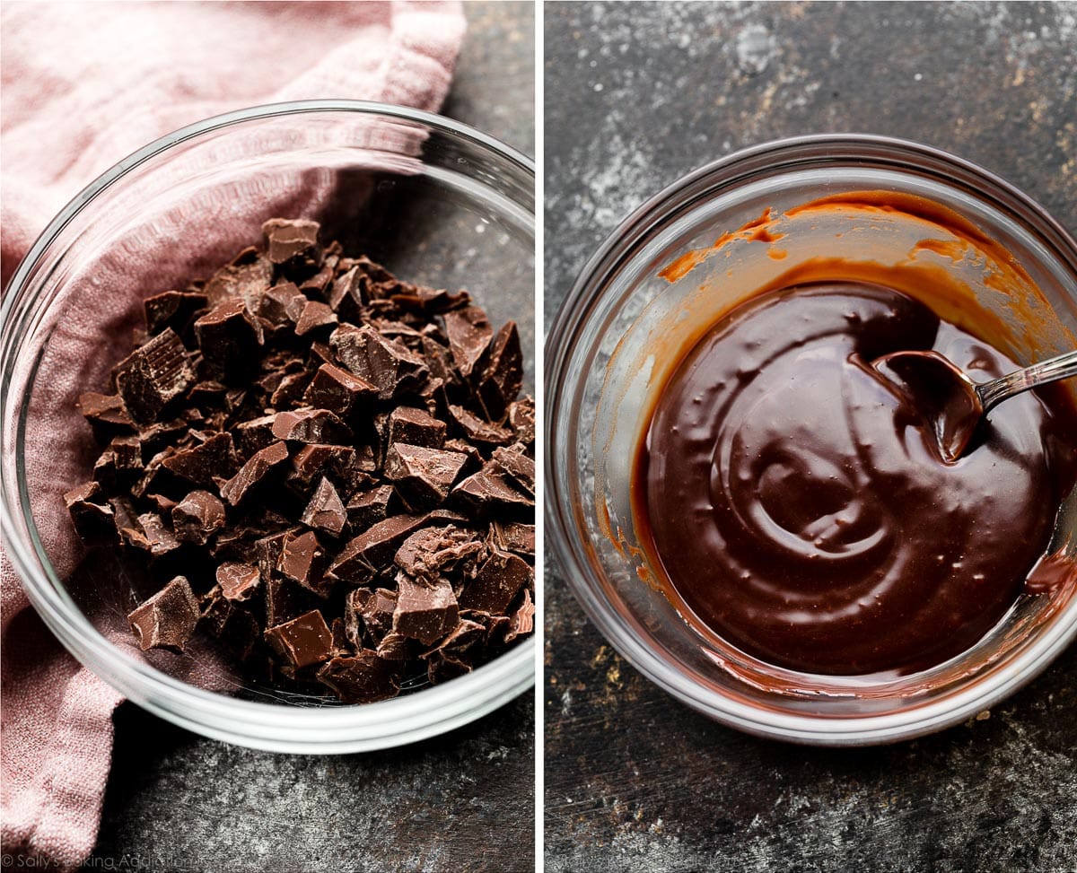 Le chocolat haché est mis dans un bol et fondu à nouveau dans la ganache.