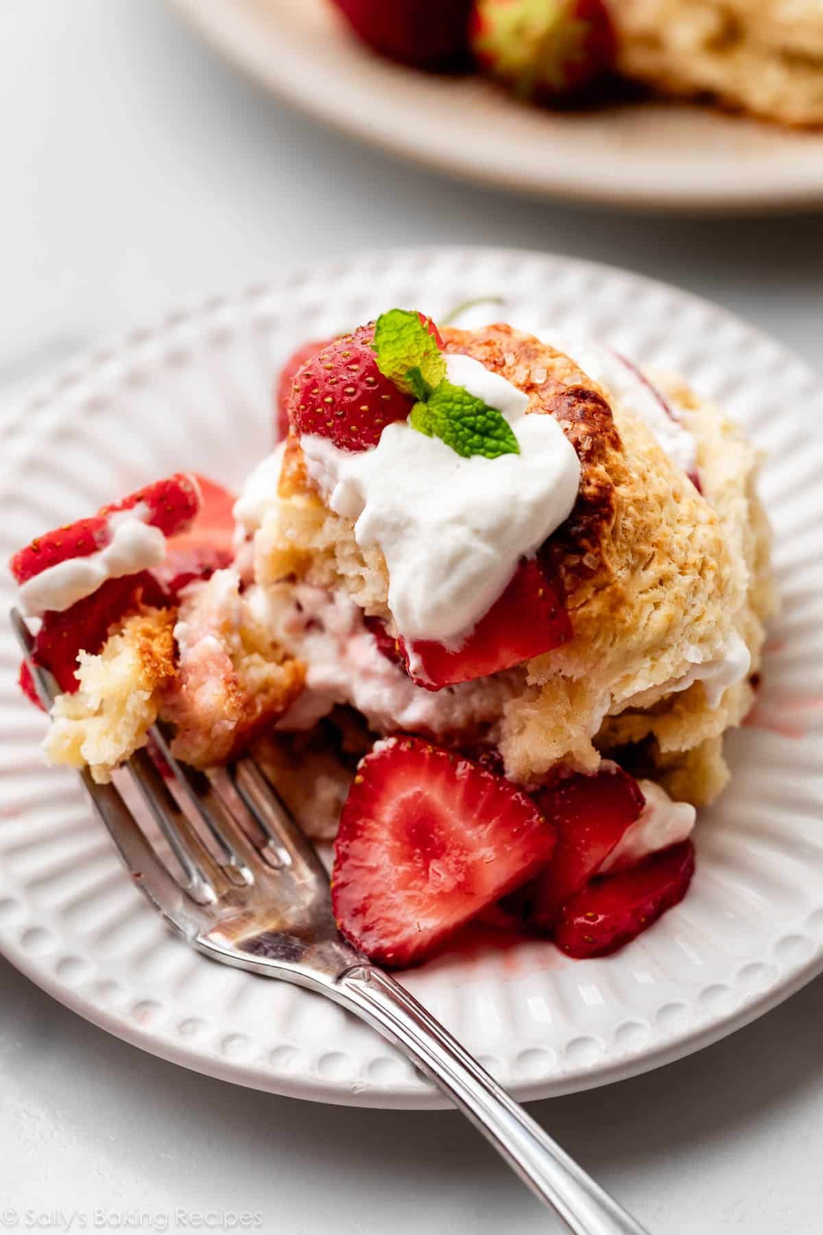 strawberry shortcake with homemade biscuits and whipped cream on white plate.