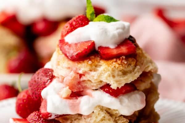 strawberry shortcake with fresh strawberries, homemade biscuits, and whipped cream on white plate.