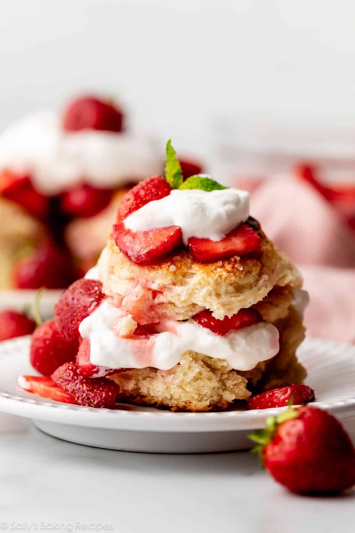 strawberry shortcake with fresh strawberries, homemade biscuits, and whipped cream on white plate.
