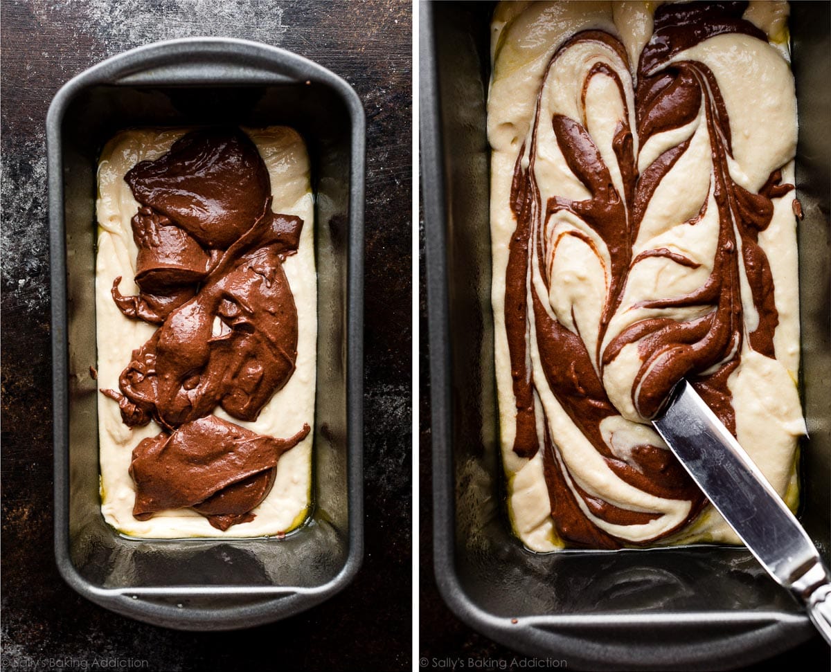 vanilla and chocolate cake batter in loaf pan and swirled together with a knife