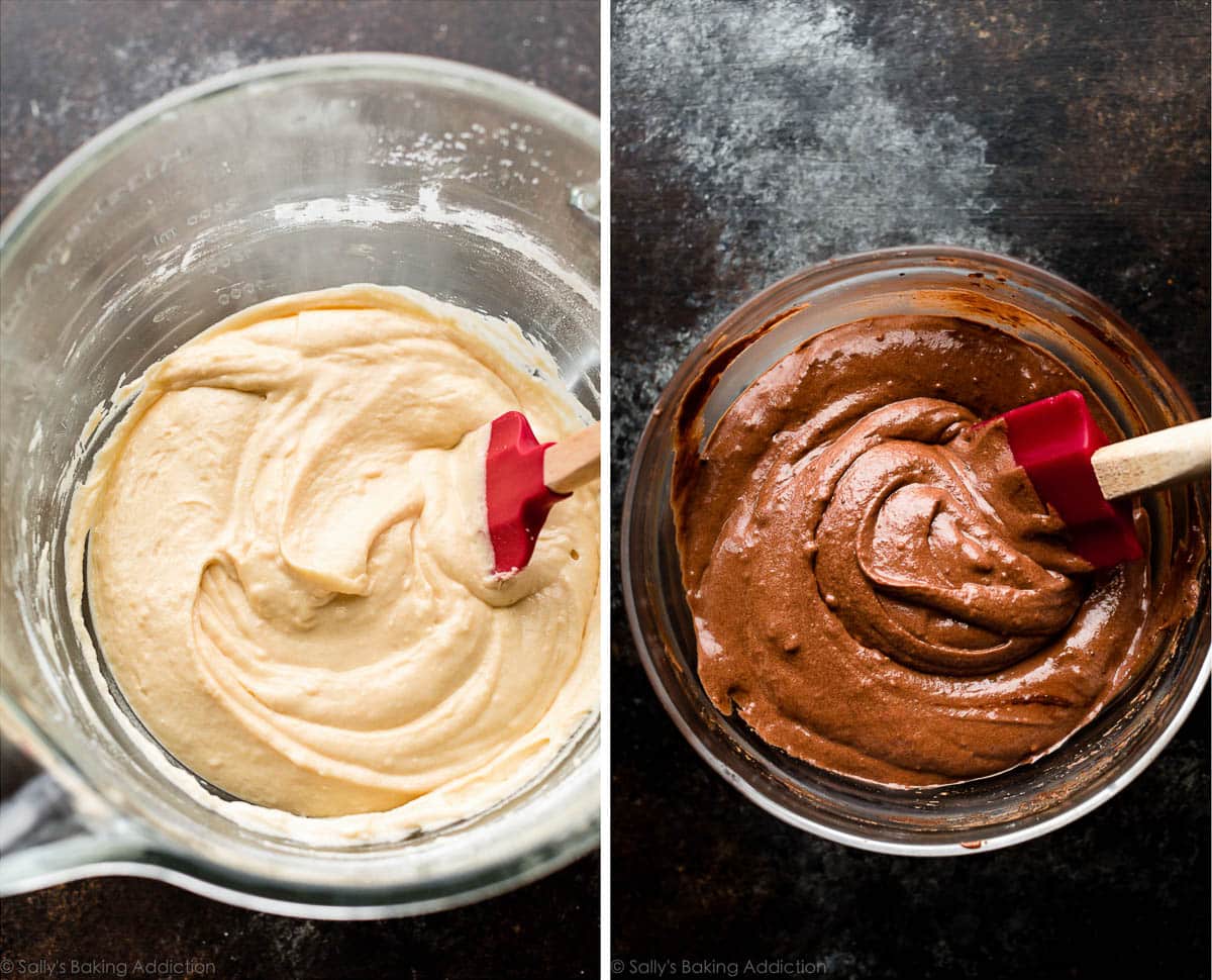 vanilla batter and chocolate batter in separate glass bowls