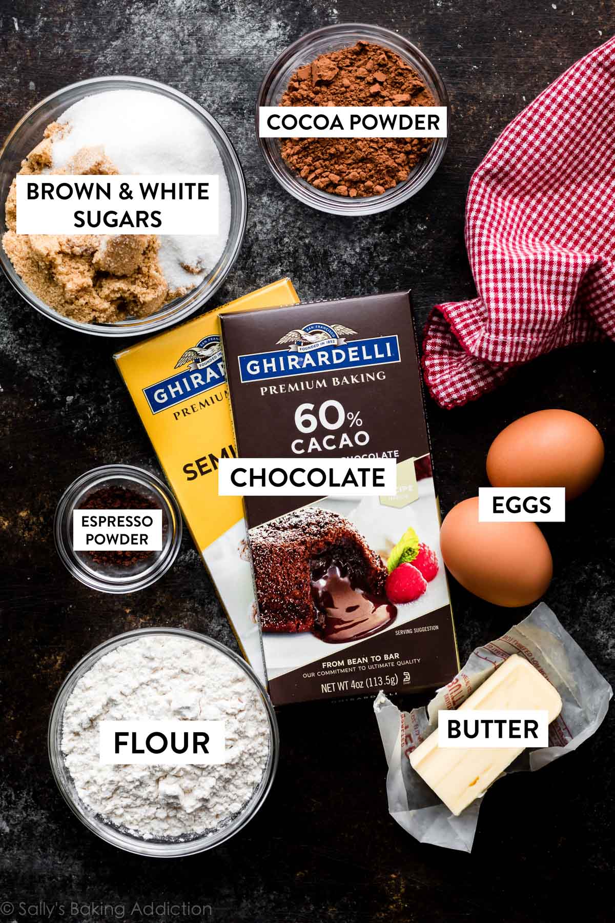 chocolate bars, cocoa powder, brown and white sugars, eggs, and other ingredients