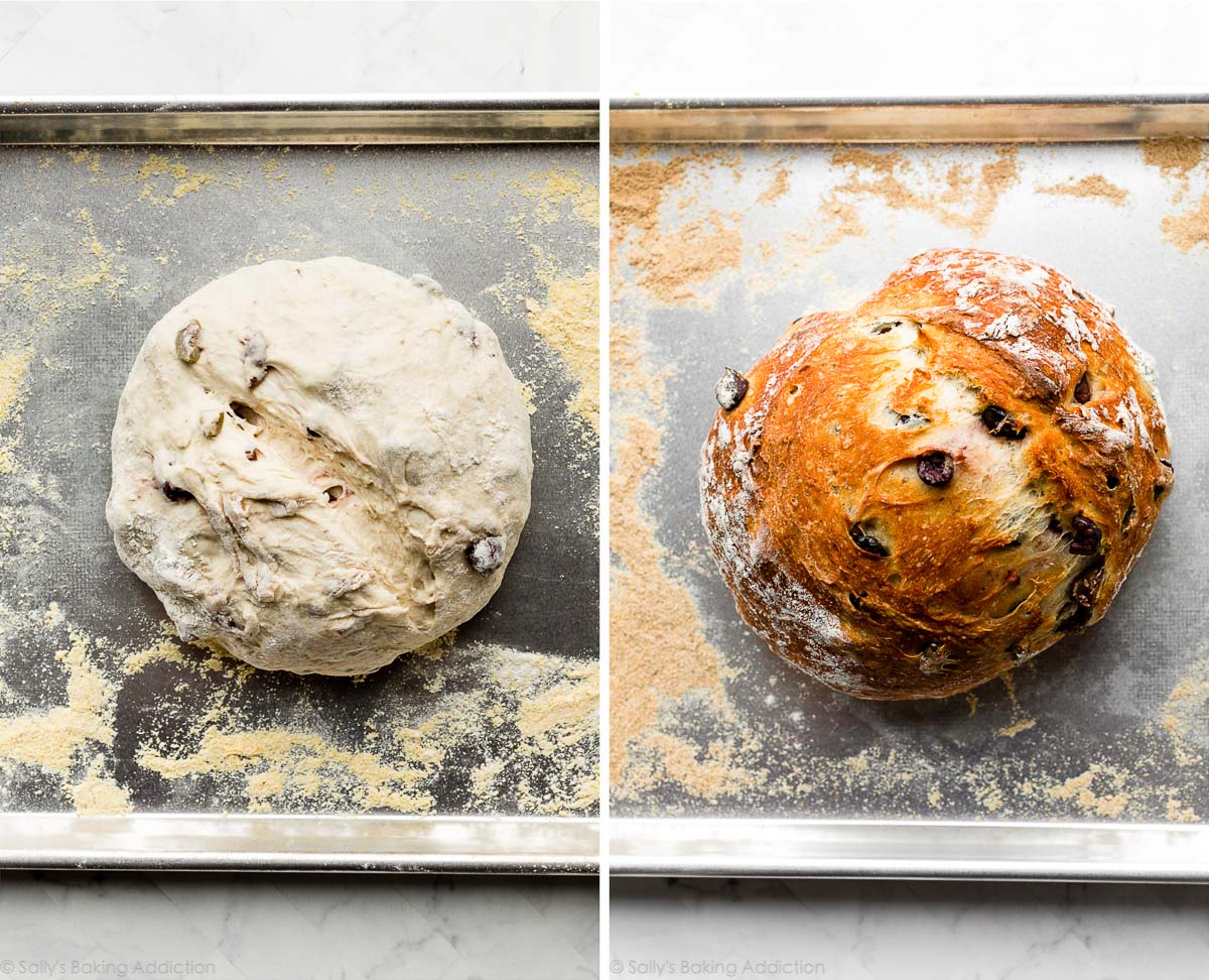 olive bread on baking sheet before and after baking