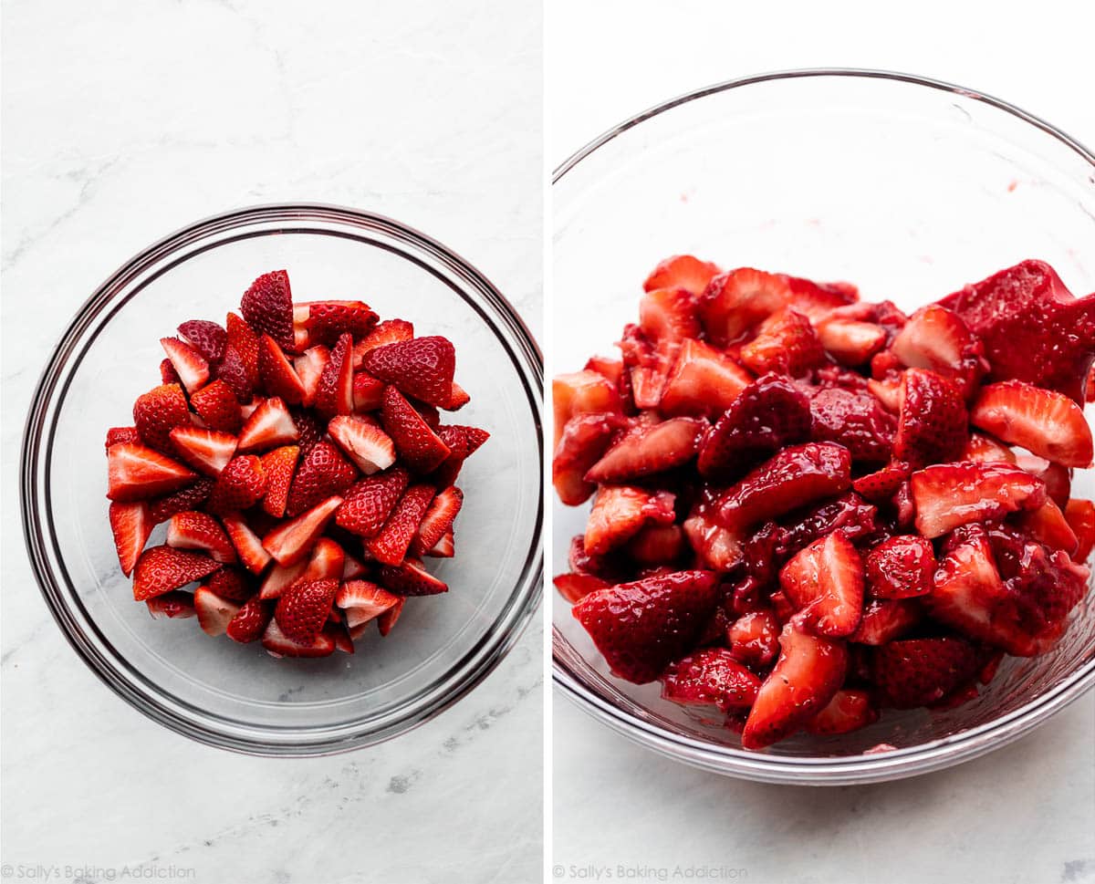 bowl of quartered strawberries and then shown mixed with homemade cooked strawberry mixture