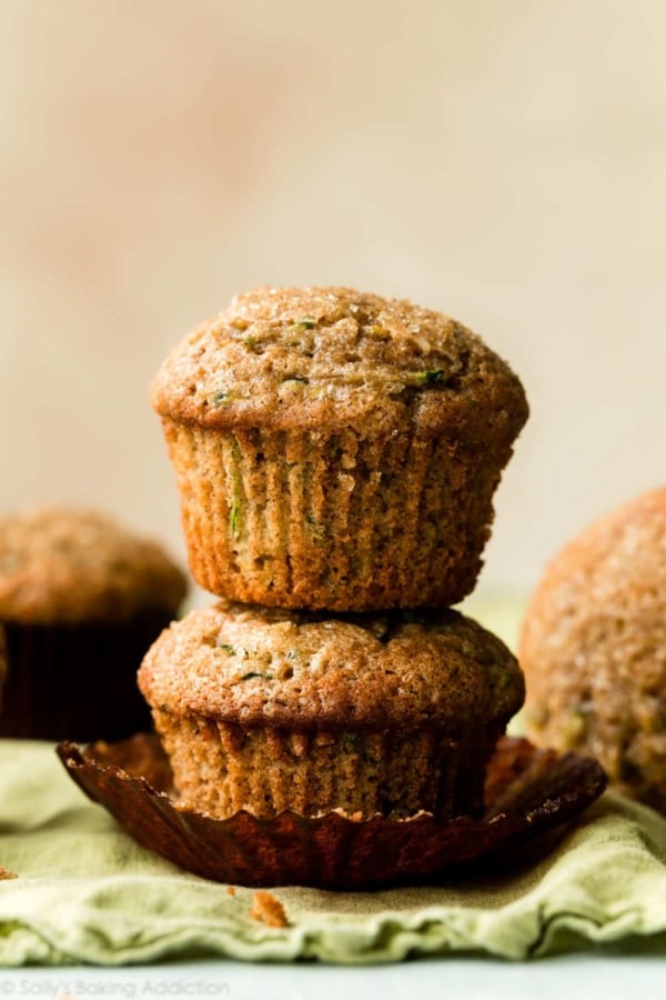 two zucchini muffins stacked
