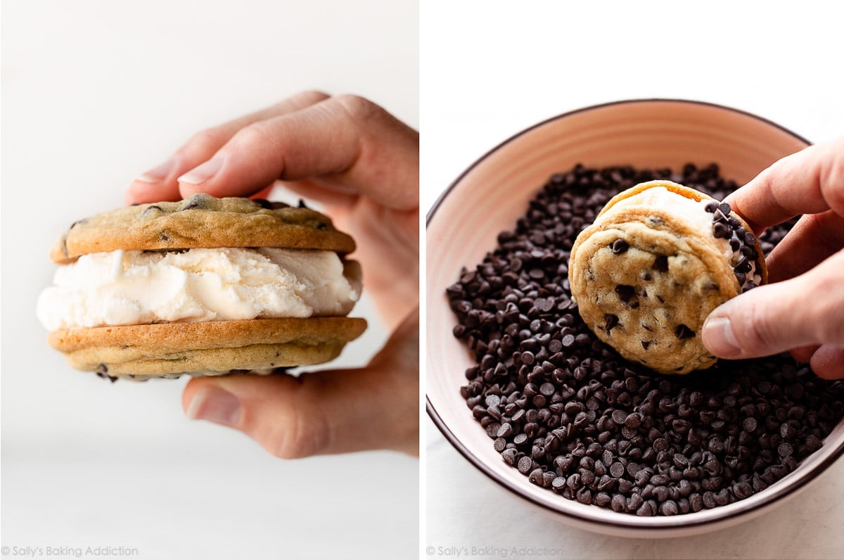 sandwiching vanilla ice cream between two cookies and rolling the sides in mini chocolate chips.