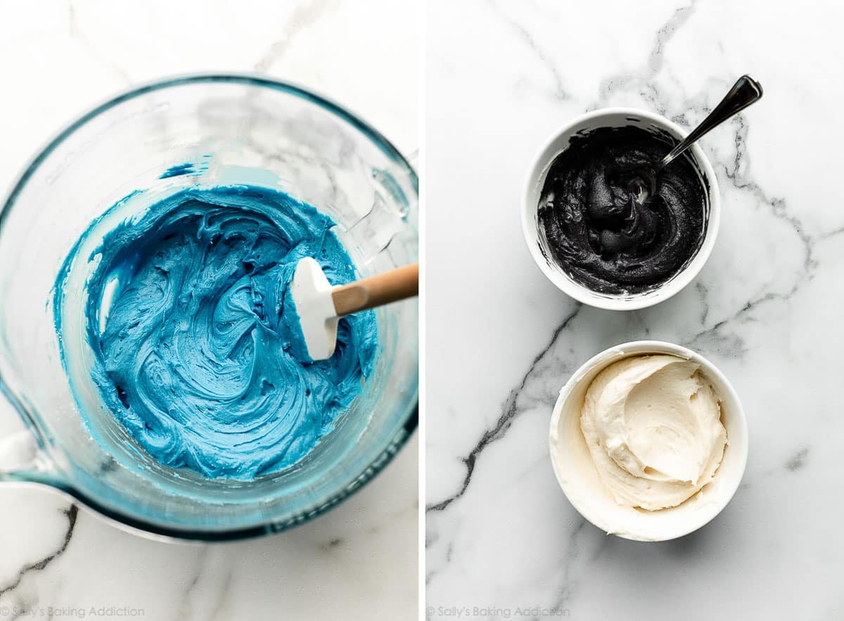 1 large bowl of blue frosting, 1 small bowl of black frosting, and 1 small bowl of white (untinted) frosting.