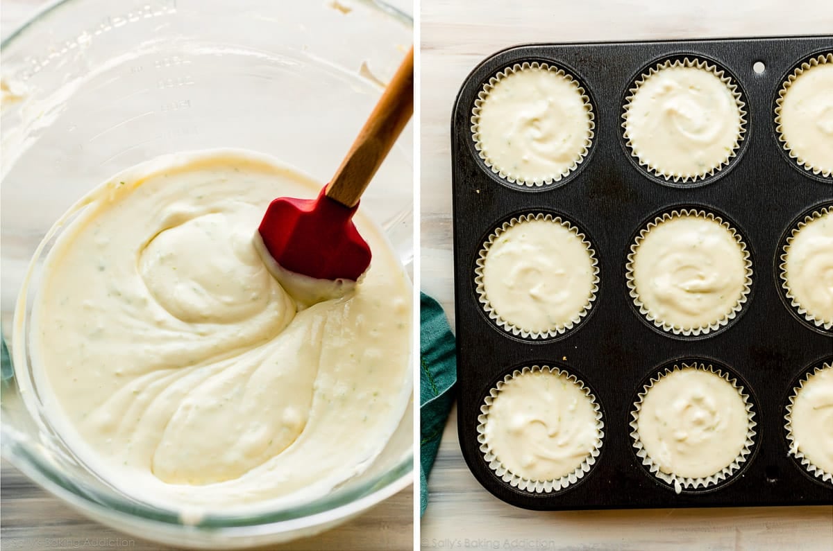 cheesecake batter in bowl and in muffin pan.