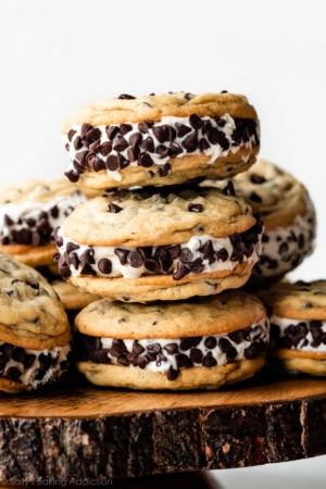 stack of 3 chocolate chip cookie ice cream sandwiches