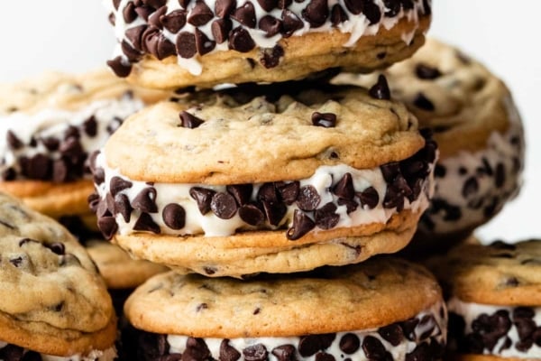 stack of 3 chocolate chip cookie ice cream sandwiches