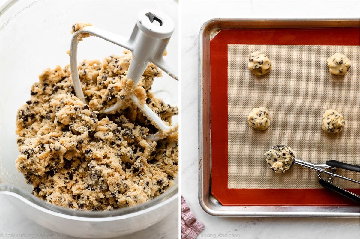 chocolate chip cookie dough made with mini chocolate chips in bowl and scooped into balls on baking sheet.