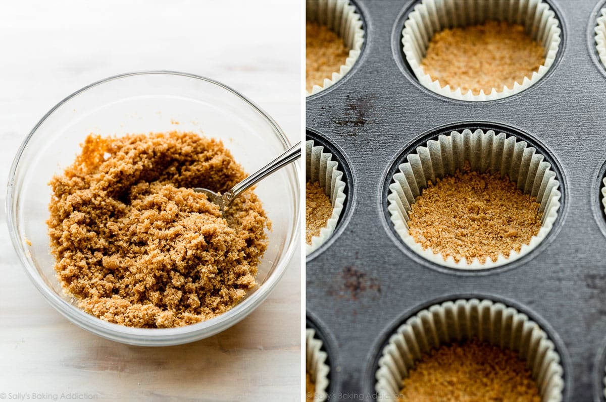 graham cracker mixture in glass bowl and pressed into lined muffin pan.