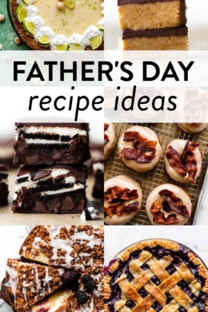collage showing dessert and breakfast recipes including blueberry pie, peanut butter bars, and maple bacon doughnuts.
