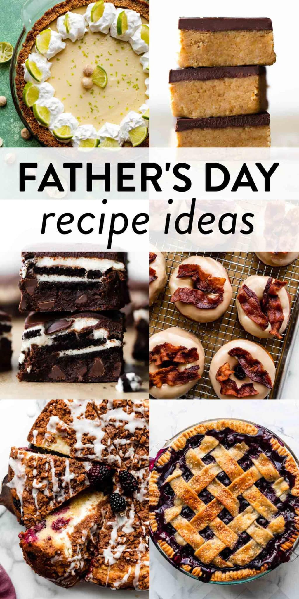 collage showing dessert and breakfast recipes including blueberry pie, peanut butter bars, and maple bacon doughnuts.