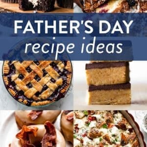 collage of Father's Day recipes including cream-filled cupcakes, blackberry crumb cake, peanut butter bars, blueberry pie, and maple bacon doughnuts.